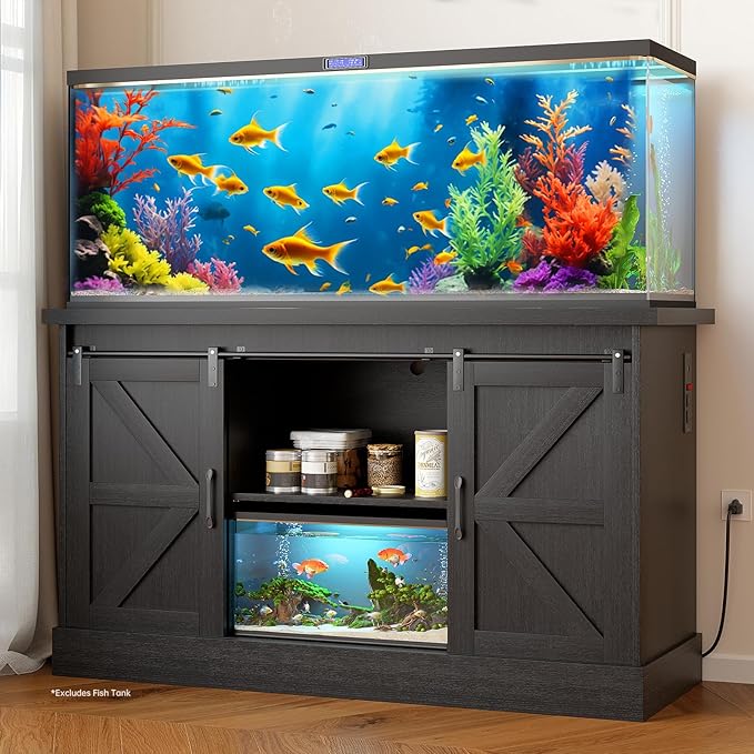 55-75 Gallon Fish Tank Stand with Sliding Barn Doors & Power Outlet, Heavy Duty Aquarium Stand with Cabinet Storage for Fish Tank, Turtle Tank, Reptile Terrarium, 1000LBS Capacity, Black-PurrikoPets