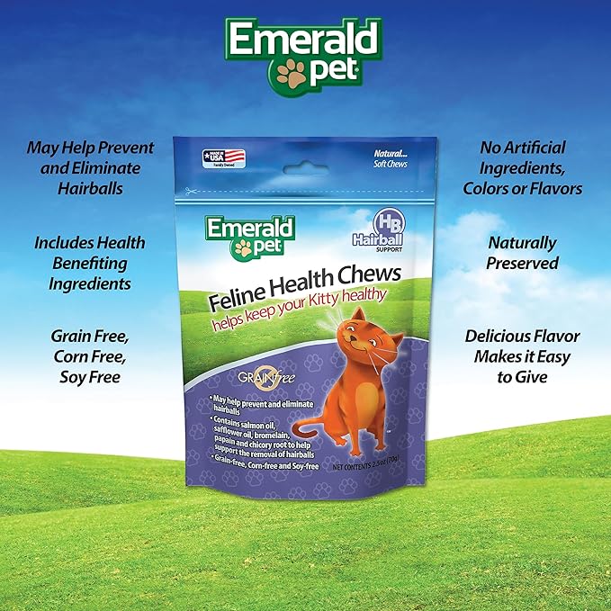 Emerald Pet Feline Health Chews Hairball Support — Natural Grain Free Feline Hairball Control Chews — Hairball Control Cat Supplements for Hairball Prevention and Elimination — Made in USA, 2.5 oz-PurrikoPets