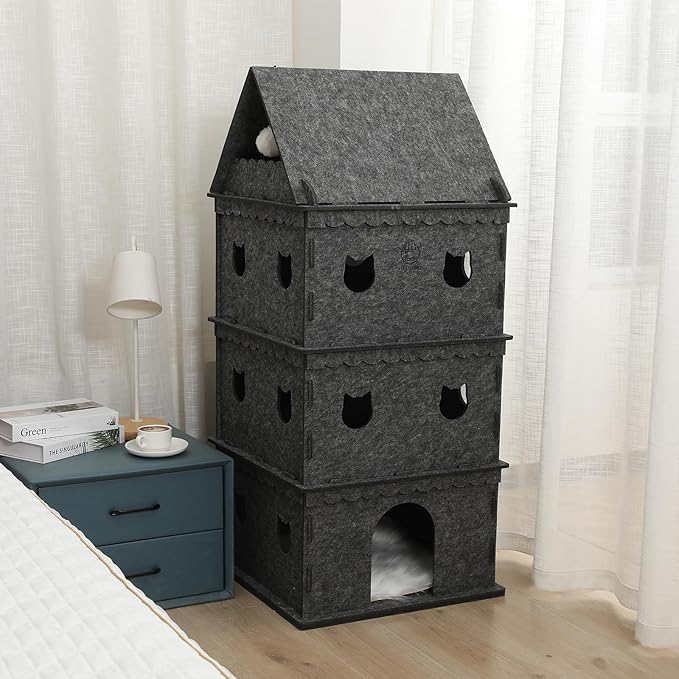 4-Tier Indoor Cat Apartment，Cozy Pet Cat Bed, Hideaway, and Sturdy Cat Castle for Multiple and Large Cats-PurrikoPets