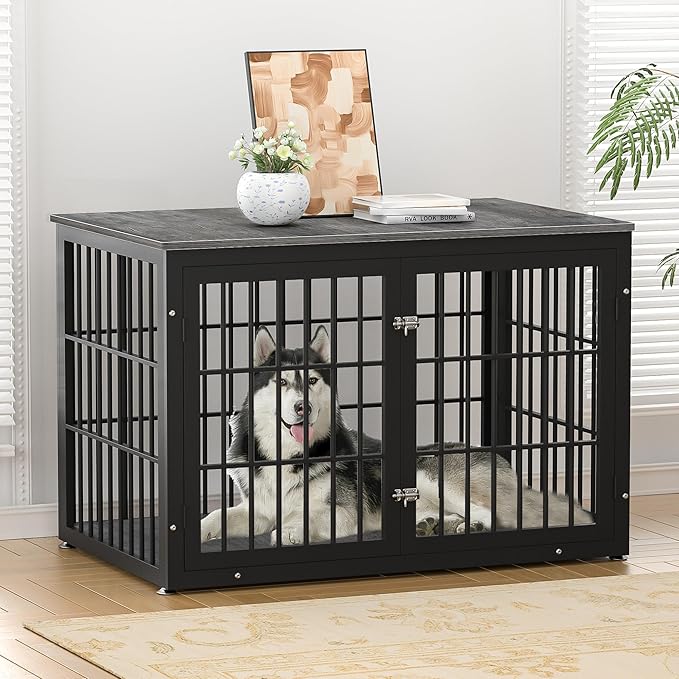 48 Inch Heavy Duty Dog Crate Furniture for Large Dogs, Decorative Pet House End Table, Extra Large Wooden Cage Kennel Furniture Indoor, Black and Gray-PurrikoPets