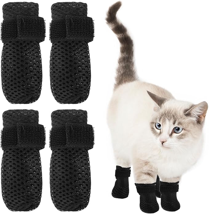 4Pcs Cat Shoes, Anti Scratch Cats Claw Covers, 3.62×1.57 Inches Breathable Mesh Nail Caps for Cats Claws, Adjustable Cat Mittens for Pet Bathing Feeding Cutting Nails(Black)-PurrikoPets
