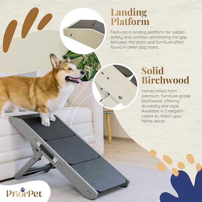 Dog Steps for Bed & Couch 2-in-1 Dog Stairs/Ramp - Height Adjustable Dog Ramp for Couch 7” - 20” - Pet Stairs, Dog Stairs for Small Dogs - Easy to Move Pet Steps with Landing Platform, Gray-PurrikoPets