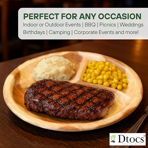 Dtocs 3 Compartment Plates (50 Pc) Palm Leaf 10 Inch Round Portion Control Buffet Sectional Plate | Bamboo Plates Disposable Like Compostable Camping Dinnerware Stronger than Divided Paper, Styrofoam-PurrikoPets