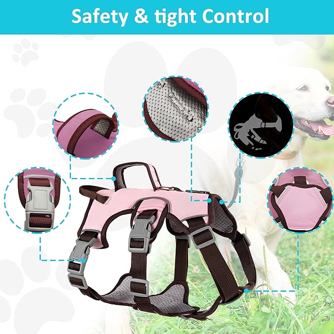 Escape Proof Dog Harness, No Pull Reflective Adjustable Vest with Easy Control Lift Handle, No Choke Soft Padded Breathable Full Body Pet Harness for Walking Hiking and Training (Pink, Small)-PurrikoPets