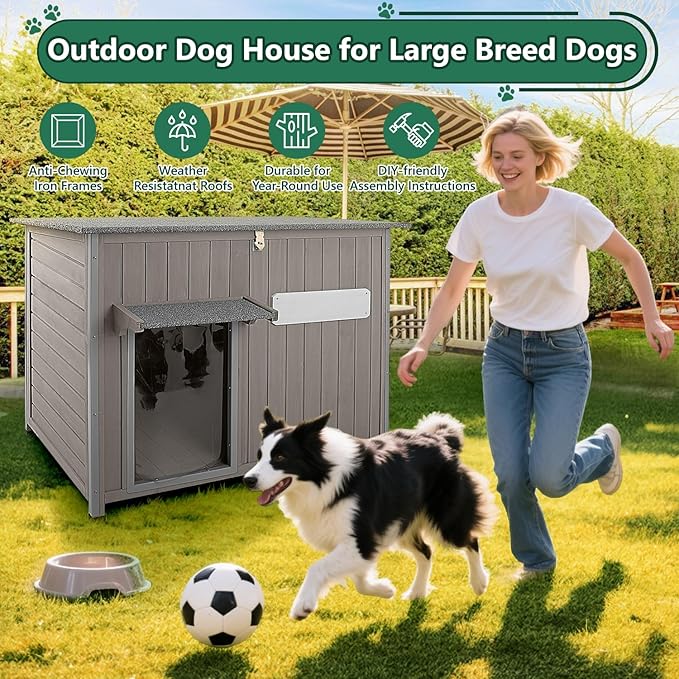 43.3" L Large Outdoor Dog House Weatherproof Doghouse for Medium to Large Dogs with Anti Bite Frames Wooden Dog Kennel with Window,8 Elevated Feet,Reinforced Bottom for Pet Up to 180 LBS-PurrikoPets