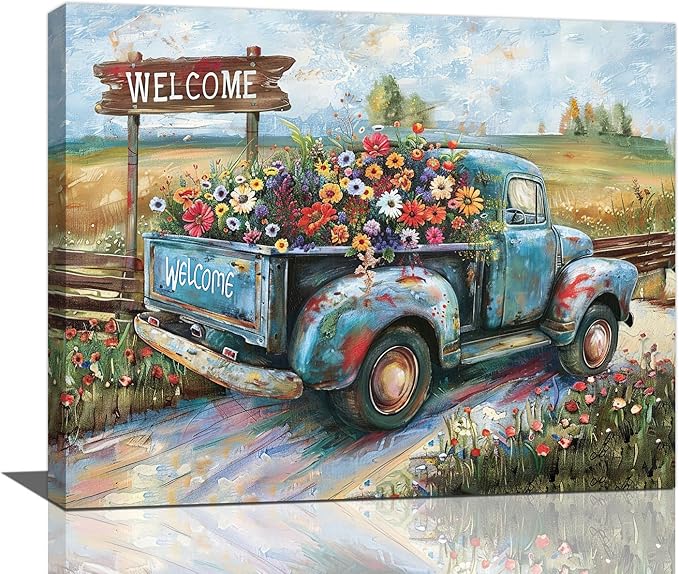 Farmhouse Truck Wall Art Rustic Country Wildflowers Wall Decor Road Flowers Landscape Pictures Canvas Print Painting Artwork for Bathroom Living Room Bedroom 16"x20"-PurrikoPets