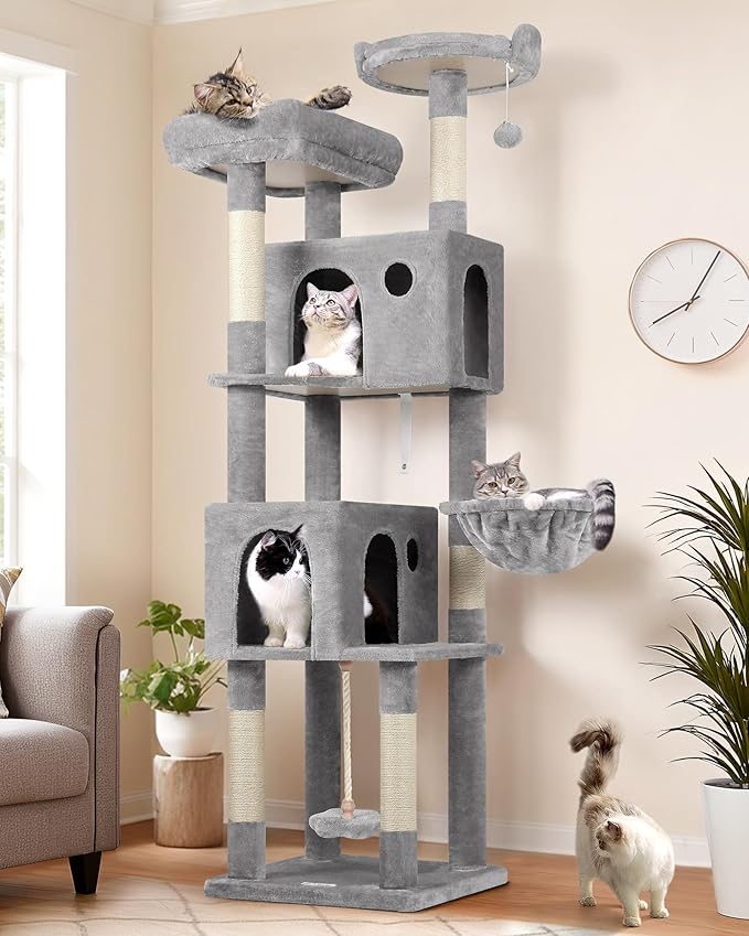 Globlazer Cat Tree, 70 inch Tall Scratching Tower Multi-Level Cat Condo for Indoor Multiple Cats with 2 Large Cat Caves, Top Perch, Large Platform, Bottom Swing, F70B, Light Grey-PurrikoPets