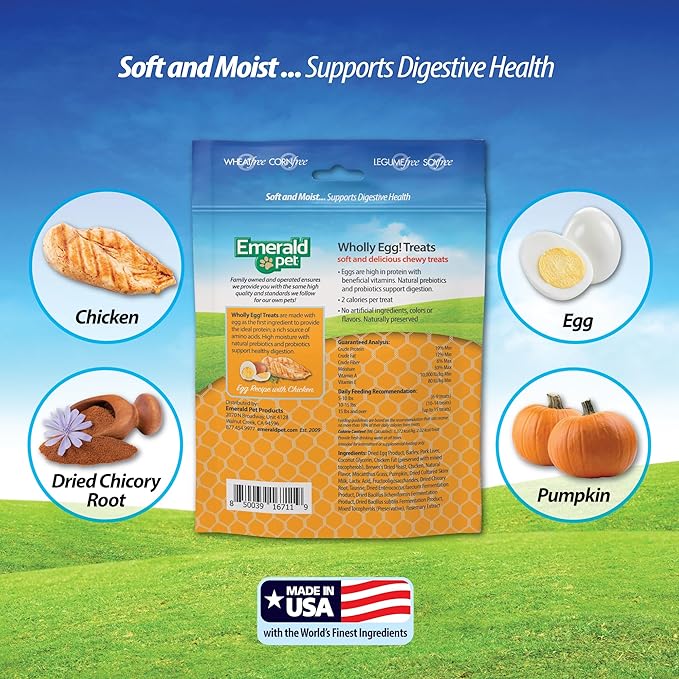 Emerald Pet Wholly Egg Digestive Health Cat Treats - Soft and Moist cat Treats for Healthy Digestion - Natural Prebiotics and Probiotics for cat Digestion - Chicken Treats, 2.5 oz-PurrikoPets