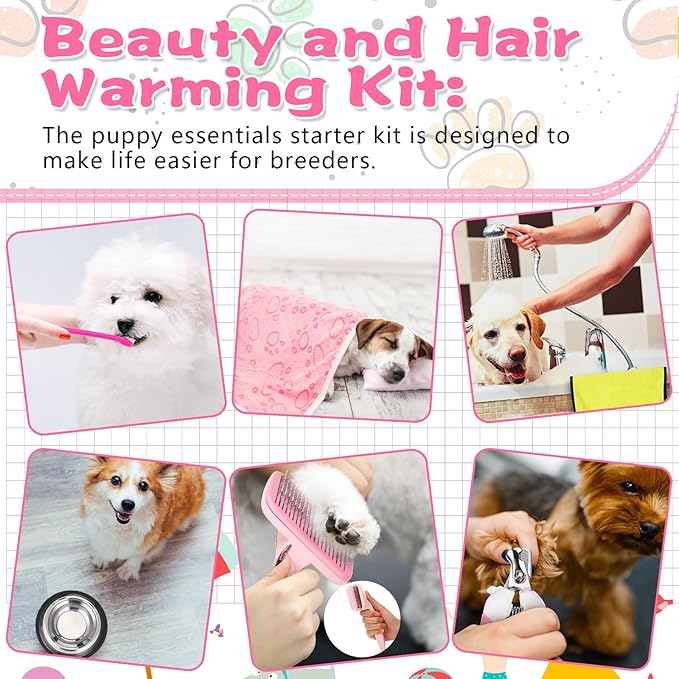 65 Pcs Puppy Supplies Starter Kit Small Dog Essentials Includes Dog Leash, Toys, Bowl, Brushes, Water Bottles, pet Blankets Puppy Accessories for New Welcome Gift Supplies(Cute,Pink)-PurrikoPets