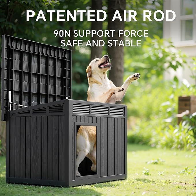 Dog House Indoor Outdoor,Resin Waterproof Puppy Shelter with Air Vents and Elevated Floor,Air Rod on Top to Open,Dog Kennel for Small to Medium Dogs(Black,32.2 * 25.12 * 24.13)-PurrikoPets