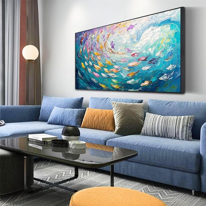 Fish Canvas Wall Art, Abstract School of Fish Canvas Wall Art, School of Fish Painting Canvas, School of Fish Wall Art, Fish Wall Decor, Fish Pictures Wall Decor, Bedroom Canvas Wall Decor (Black Framed, 30"x17" | 76x43cm)-PurrikoPets
