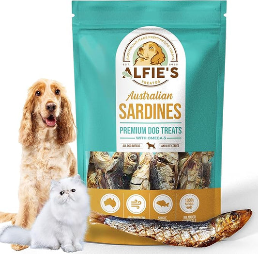 ALFIE'S TREATOS Sardines for Dogs & Cats (2.65 oz), Air-Dried Fish Dog Treats, Omega-3 Food Topper, Single Ingredient, Australian Wild-Caught, Freeze-Dried Alternative-PurrikoPets