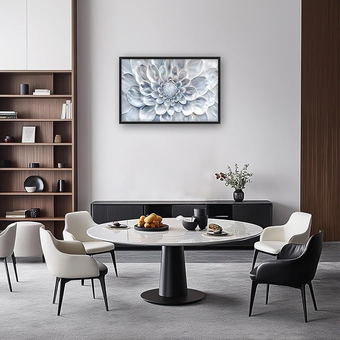 Abstract Flower Large Wall Art White Silver Floral Pictures Wall Decor Neutral Canvas Print Painting Artwork for Bathroom Living Room Bedroom 36L" x 24W"-PurrikoPets