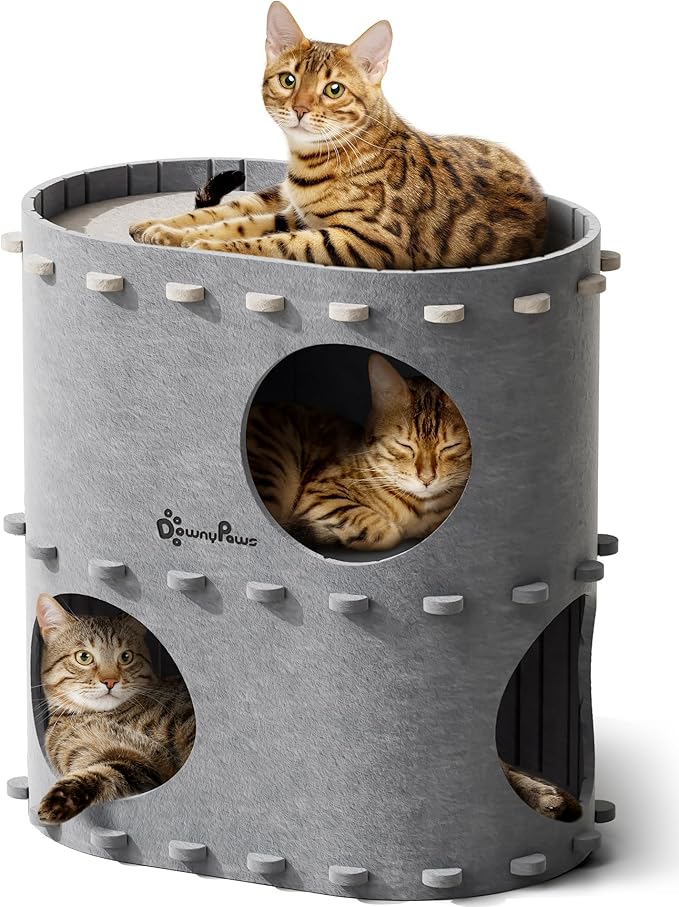 DownyPaws Cat House for Indoor Cats, 2-Storey Foldable Cat Bed Cave, Felt Cats Tunnel Bed Condo, Castle Kitten Cube Hideaway for Multicats, Scratch Resistant, Light Gray-PurrikoPets