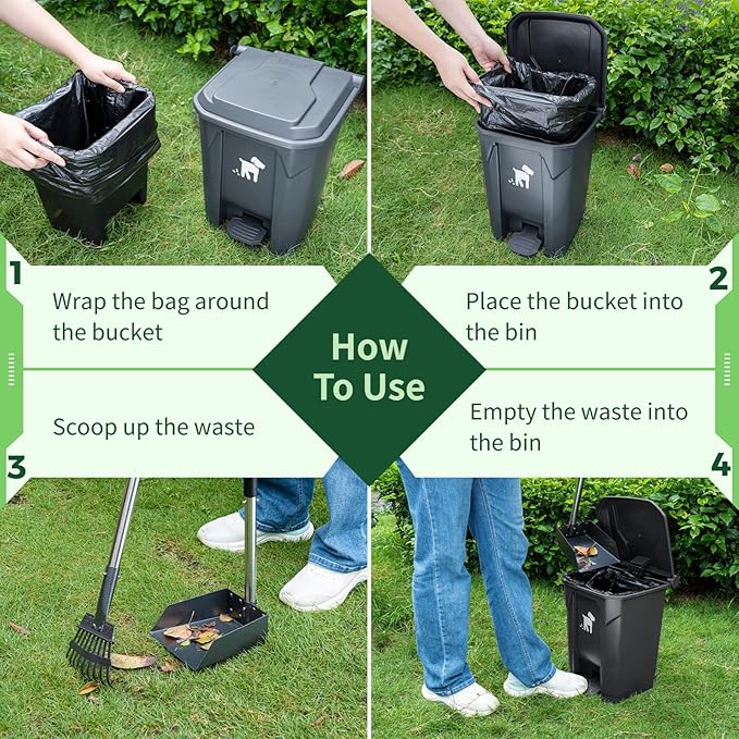 Dog Pooper Scooper, Dog Poop Trash Can Set with Removable Inner Bucket, Long Handle Rake, 150 Waste Bags, Easy Pick Up Poop Scooper, 20L Dog Poop Trash Bin for Small/Large Dog Families-PurrikoPets