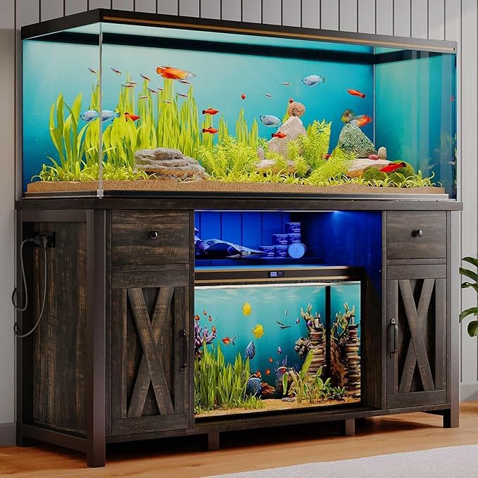 75 Gallon Fish Tank Stand with LED Light & Power Outlets, 55-75 Gallon Heavy Duty Metal Aquarium Stand with Drawers & Barn Doors, Cabinet for 2 Fish Tank Accessories Storage, Dark Oak-PurrikoPets