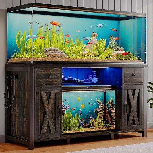 75 Gallon Fish Tank Stand with LED Light & Power Outlets, 55-75 Gallon Heavy Duty Metal Aquarium Stand with Drawers & Barn Doors, Cabinet for 2 Fish Tank Accessories Storage, Dark Oak-PurrikoPets