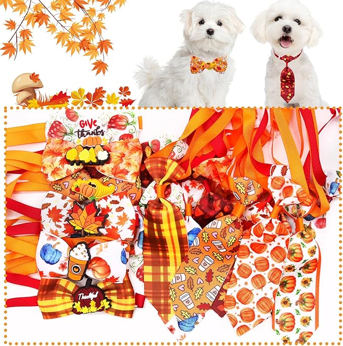 22pcs Fall Dog Bow Tie, Adjustable Bowtie Collar Attachment for Small Medium Pets, Bulk Neckties Set for Thanksgiving Day,Autumn Pet Supplies Charms Hair Costume Accessories(Maple Leaf, Pumpkin)-PurrikoPets