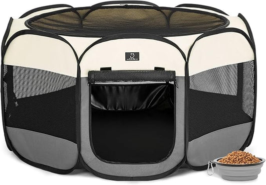 A4Pet Cat Playpen, 39.5” Pop Up Dog Playpen with Bowl, Suitable for Puppies, Kittens, and Small Animals, Removable Zipper & Mesh Panel(16”W × 10”H)-PurrikoPets