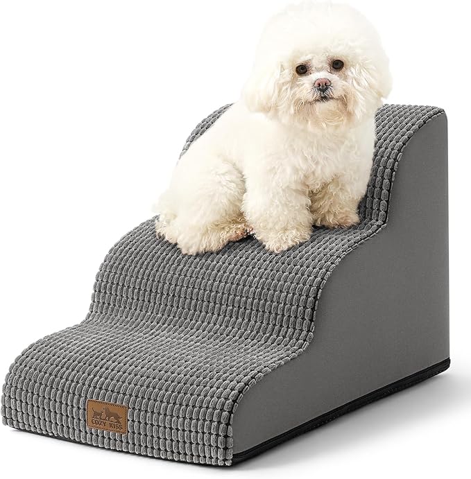 Dog Stairs for Small Dogs 15.7" H, Curved Dog Step for Puppy, Older Cat, Medium Pet Ramp for Sofa, Couch or Chair, Ladder with High Density Foam, 15.7x22.4x15.7 inch, 3 Step, Light Grey-PurrikoPets