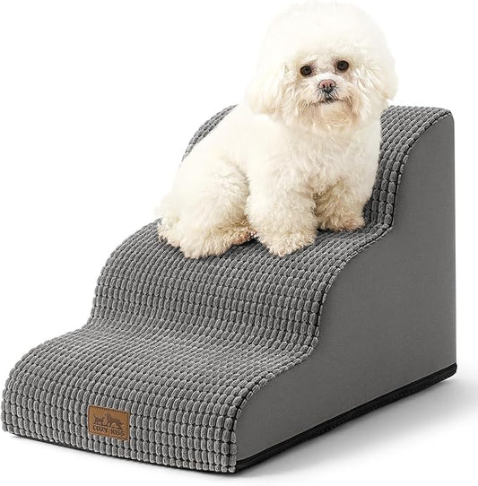 Dog Stairs for Small Dogs 15.7" H, Curved Dog Step for Puppy, Older Cat, Medium Pet Ramp for Sofa, Couch or Chair, Ladder with High Density Foam, 15.7x22.4x15.7 inch, 3 Step, Light Grey-PurrikoPets