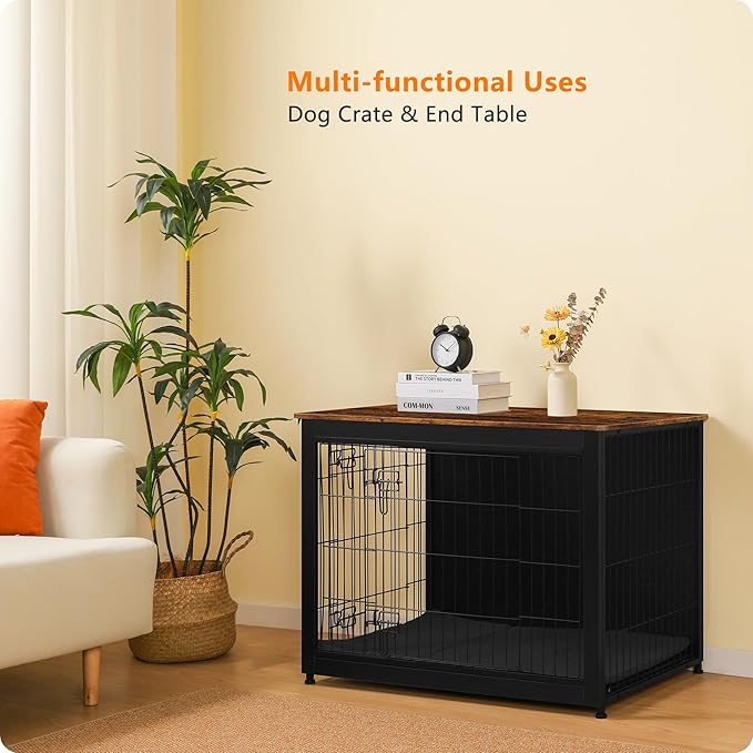 DWANTON Dog Crate Furniture with Cushion, Wooden Kennel Table with Double Doors, Indoor Dog House, Large Size, 38.5" L, Black+Rustic Brown-PurrikoPets