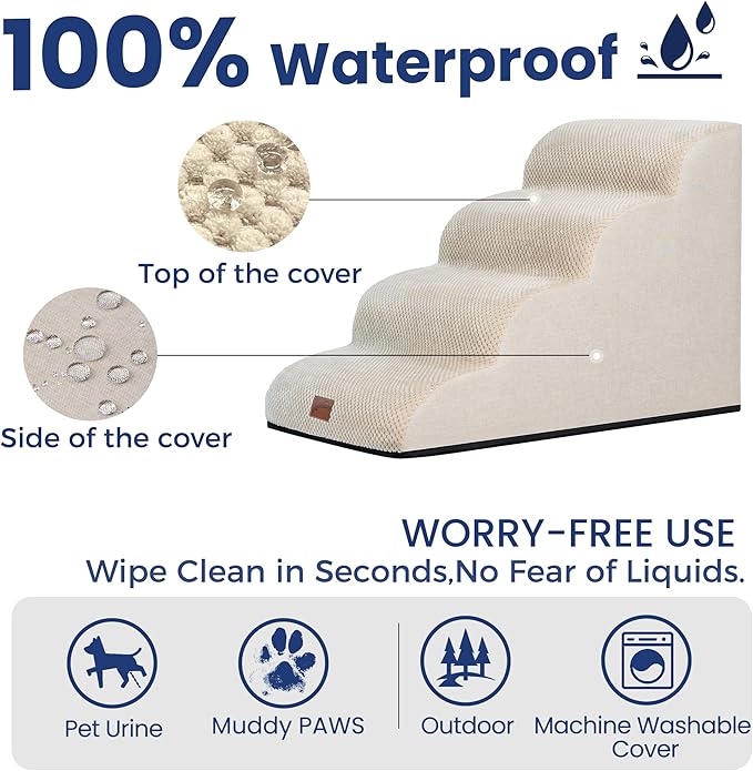 GoGoBunny Waterproof High Density Foam Curved Dog Stairs for High Beds Couches 19.7" H, 4-Step Ramp Dog Steps Friendly to Small Medium Dogs or Pets Joints, Non-Slip Balanced Durable Pet Step, Beige-PurrikoPets