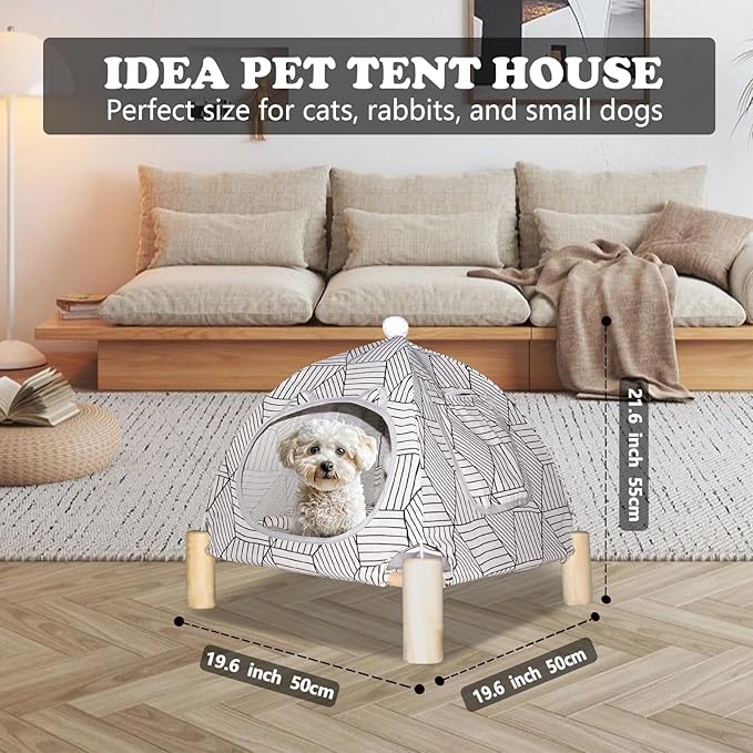 2-in-1 Elevated Cat Tent Cat House, Quick Assembly and Disassembly, Portable Indoor/Outdoor Cute Cat Bed Cave-White Diamond Pattern-PurrikoPets