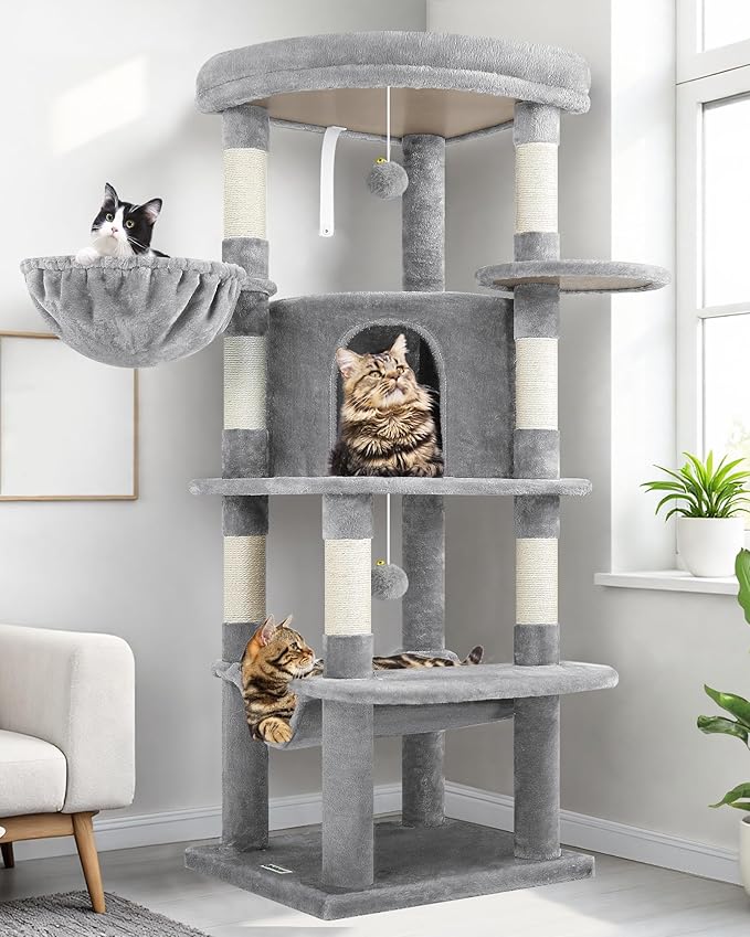 Globlazer Corner Cat Tree Tower for Indoor Cats, 51in Multi-Level Cat Condo Tower with Large Hammock, 7 Sisal Scratching Posts, Oversized Top Perch, Spacious Cat Cave, Hanging Basket, C51, Light Gray-PurrikoPets