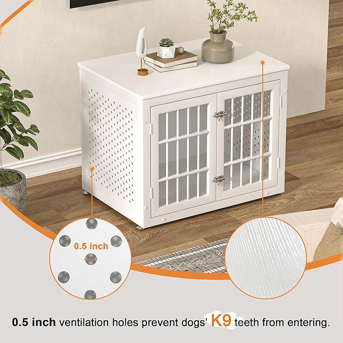 32" Heavy Duty Dog Crate Furniture for Small and Medium Dogs, Metal Kennel for High Anxiety Dogs, Chew Proof Pet Cage Indoor, Decorative Dog Kennel End Table, White-PurrikoPets
