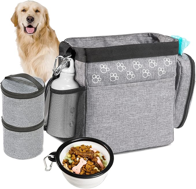 Dog Travel Bag with Treat Pouch, Airline Approved Dog Bags for Traveling, 2 Dog Food Travel Container, 2 Travel Bowls, Weekend Dog Travel Bag for Supplies, Dog Travel Kit Accessories-PurrikoPets