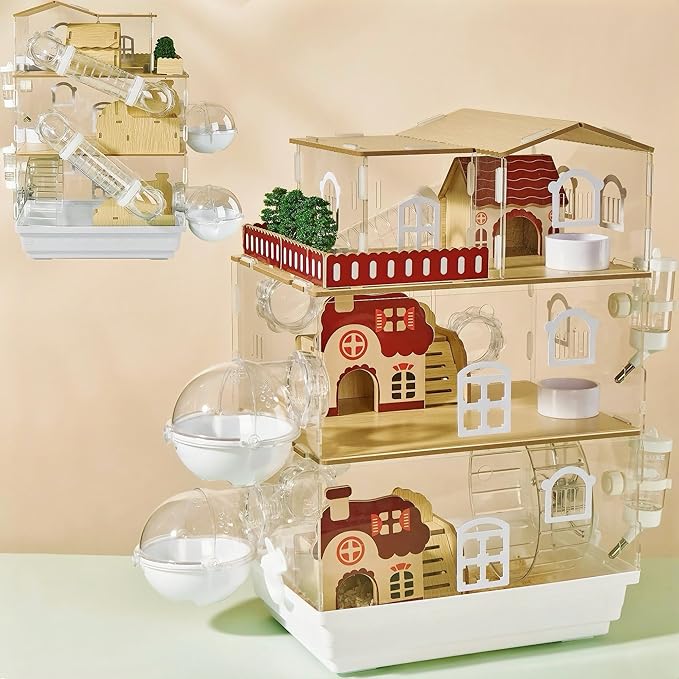 17 in 1 Clear Acrylic Hamster Cage with All Accessories,13.5''L* 10''W* 21''H Dwarf Hamster Cage,Magnetic Connection Small Hamster Enclosure,Garden Style Wooden Mouse Cage for Pet Mice(3-Layer,White)-PurrikoPets
