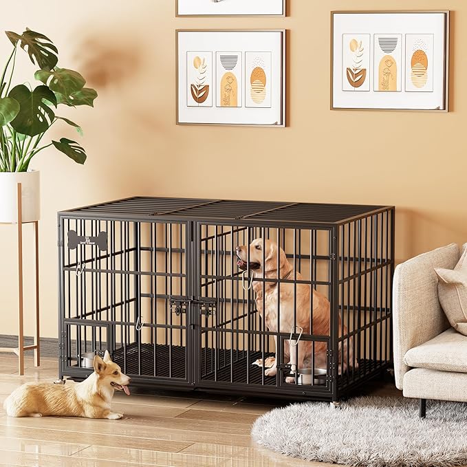 54 inch XL Dog Crate for Large Dog/Double Medium Dogs,Heavy Duty Metal Dog Cages,All Metal Open Top,Dog Kennel Indoor with Wheels,Floor Grid, Tray, Divider and Feeding Bowl-PurrikoPets