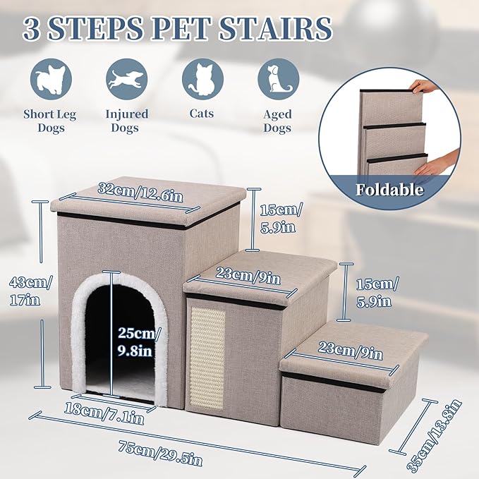 Dog Steps for Bed and Couch, 17”H Foldable Dog Stairs for Small Older Dogs Cats, Adjustable Pet Cat Stairs Ramps with Storage with Condo, Scratcher, Hold Up to 180LBS, Pet Cat Steps Beige-PurrikoPets