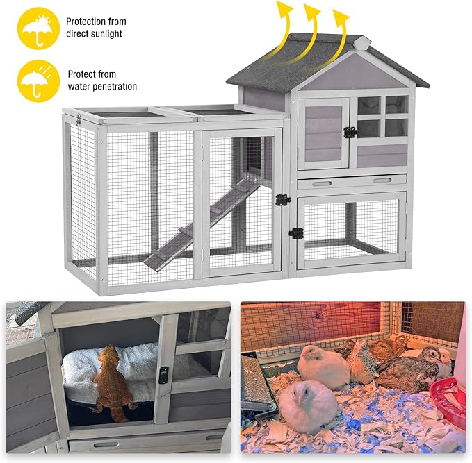 Aivituvin Rabbit Hutch Indoor Bunny Cage Outdoor with Run Chicken Coop Guinea Pig House with Waterproof Asphalt Roof,No Leakage Pull Out Tray-PurrikoPets