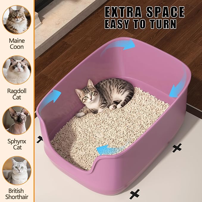 Gefryco Large Cat Litter Box with High Sided 24.6"x18.3"x12.2" - Jumbo Extra Large Open Anti - Splashing High Wall for Multiple Cats (Pink)-PurrikoPets