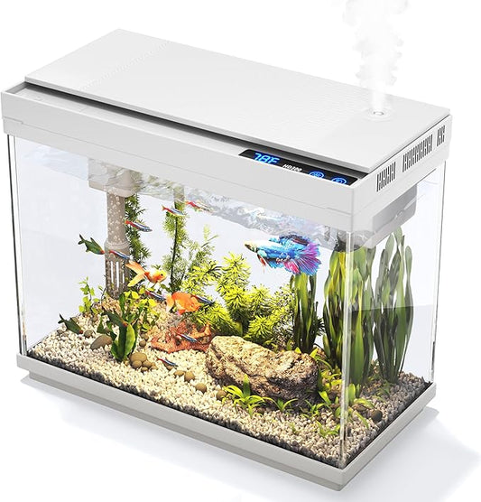Fish Tank 2.4 Gallon Aquarium Kit with Humidifier 7-Color Auto-Looping 3 in 1 Quiet Pump with Filteration & Oxygenation & Circulation, Temperature Display, HD Glass-PurrikoPets