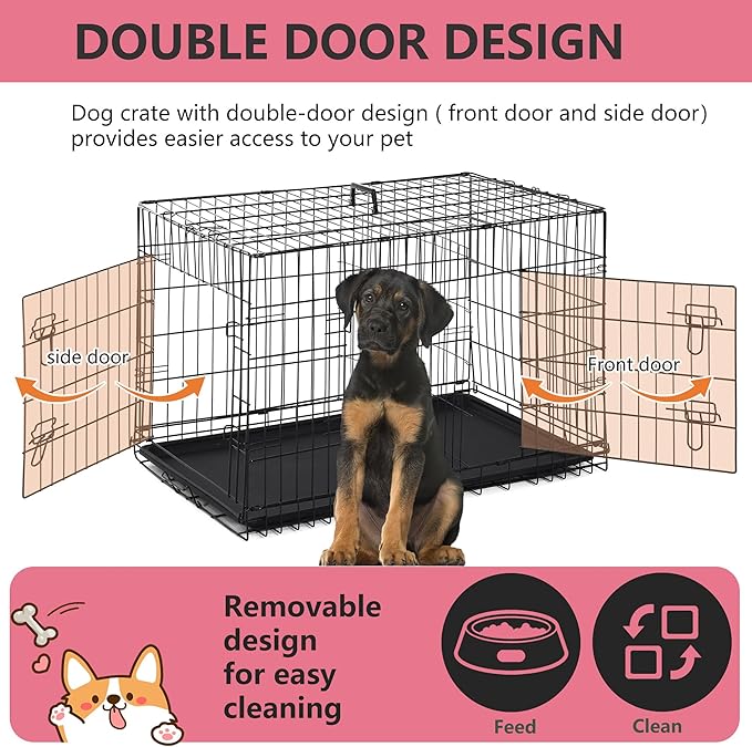 FDW Extra Large Dog Crate Dog Kennel Cage with Double Door,48 inch Folding Metal Wire Dog Cage with Removable Tray&Divider Panel,Pet Crate for Large Dogs,Black-PurrikoPets