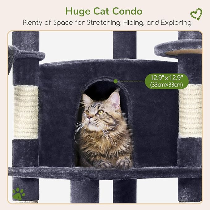Globlazer Corner Cat Tree Tower for Indoor Cats, 51in Multi-Level Cat Condo Tower with Large Hammock, 7 Sisal Scratching Posts, Oversized Top Perch, Spacious Cat Cave, Hanging Basket, C51, Dark Grey-PurrikoPets