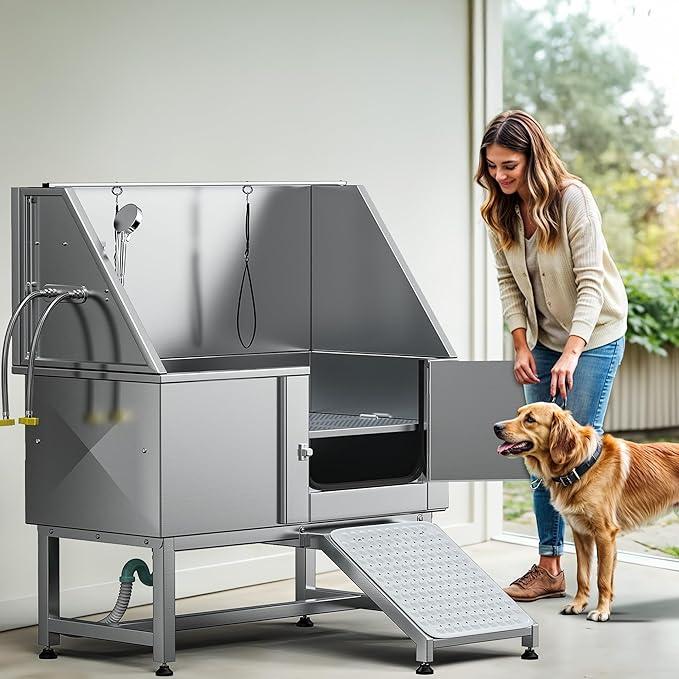 DWVO Professional Pet Dog Bathing Station for Grooming, 50'' Dog Grooming Bathtub with Right Ramp, Floor Grate, Faucet, Showerhead & Soap Holder for Large, Medium & Small Pets-PurrikoPets