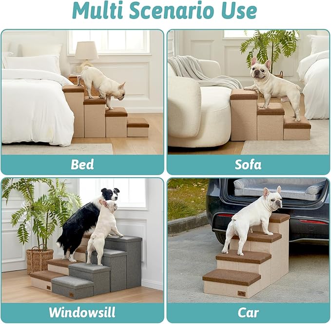 Dog Stairs with Storage, 4-Step Wider Sturdy Dog Steps for Small/Medium/Large Dogs and Older Cats, Folding Doggie Ramp for Bed/Couch/Car Hold Up to 180 lbs (22" H, Brown)-PurrikoPets