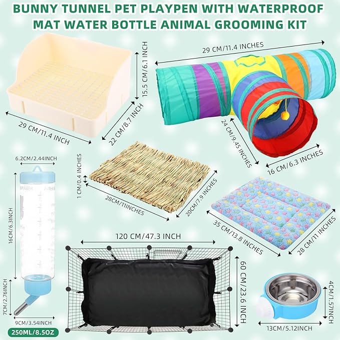 104 Pcs Rabbit Starter Kit Litter Box Bunny Tunnel Pet Playpen with Waterproof Mat Water Bottle Animal Grooming Kit Bowl Blankets with Cleaning Set for Guinea Pig Rabbit Accessories-PurrikoPets