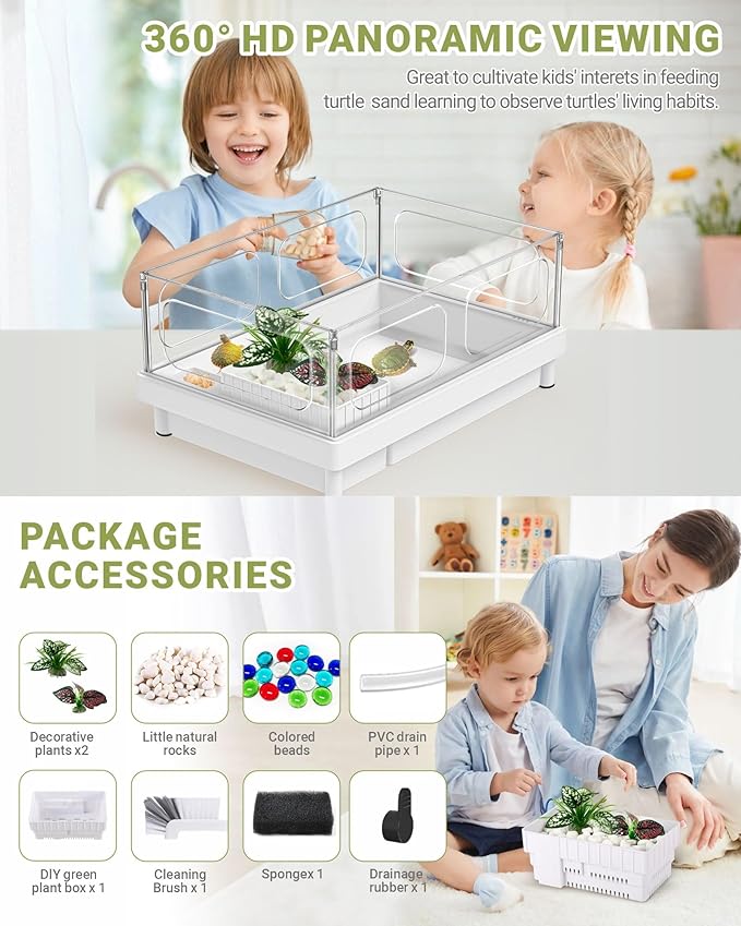 GOZILLA Small Turtle Tank, Acrylic Turtle Tank Starter Kit, Reptile Habitat and Terrarium with Multi-Functional Areas for Tortoise, Crab, Crayfish, Small Reptile.(Black Tank)-PurrikoPets