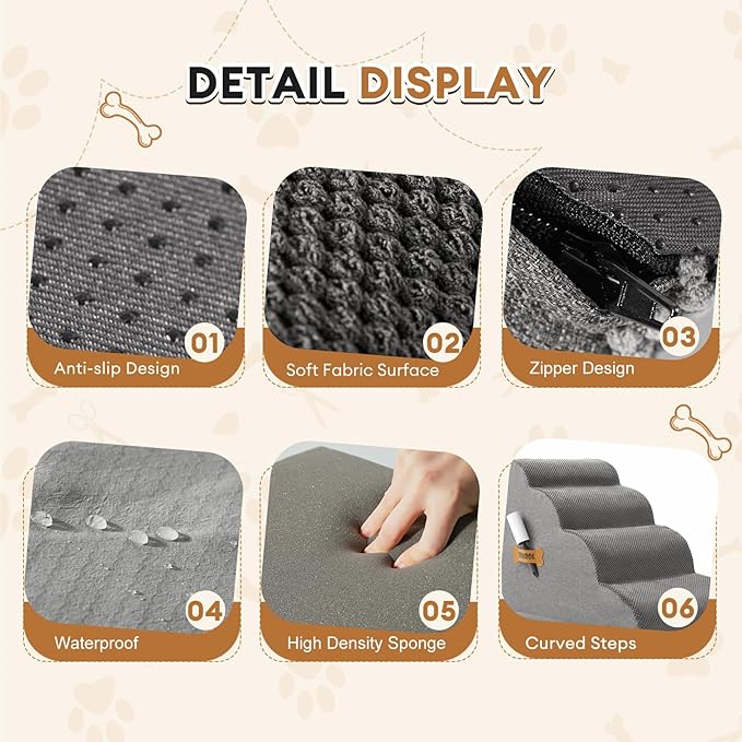 Dog Stairs, Romrol Dog Steps Ramp for High Bed and Couch, Dogs Ramp with Durable Non-Slip Waterproof Fabric Cover, Pet Stairs for Small Dogs and Cats or Pets Joints, 4-Tiers,Grey-PurrikoPets