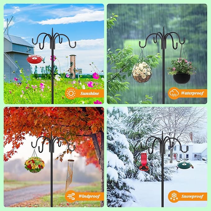 FEED GARDEN 76 Inch Four Shepherd Hooks for Outdoor,Bird Feeder Pole with 5 Prong Base, Adjustable Shepard Hooks for Hanging Plant, Solar Lanterns, Wind Chimes, 2 Pack-PurrikoPets
