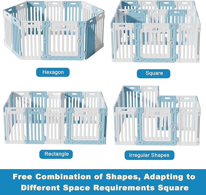 2 Room Dog Playpen with Door,DIY Shape Combination Puppy Pen,16-Panel+2 Link Piece+Large Door+Small Door,25.5" H Dog Fence,Non-Slip&Secure Pet Gate,Easy to Assemble,Blue+White-PurrikoPets
