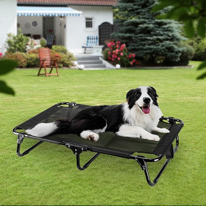 Elevated Dog Bed, Foldable Pet Bed with No Assembly, Cooling Raised Bed with Breathable Mesh, No-Slip Feet Durable Dog Cots Beds for Indoor & Outdoor Use, Black (L:43"x23"x7")-PurrikoPets