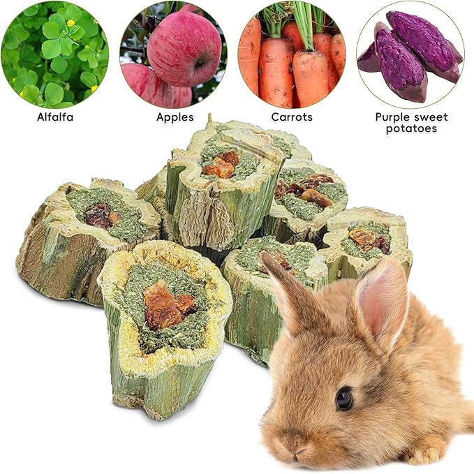 Fhiny Rabbit Chew Toys Natural Baked Papaya Wood Bunny Molar Treats Contain Alfalfa Grass Apple Carrot and Purple Sweet Potato Filling for Hamsters Guinea Pigs Chinchillas Teeth Grinding(0.22 lb)-PurrikoPets