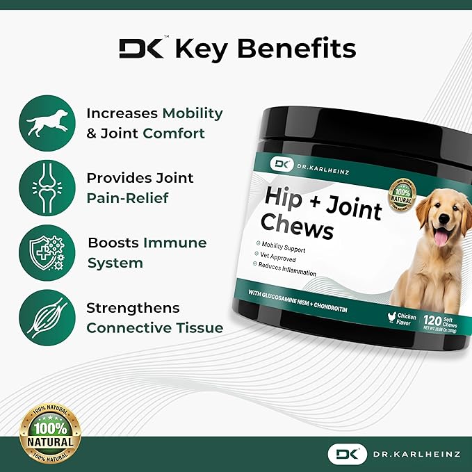 Glucosamine for Dogs - Max Strength Hip and Joint Supplement for Dogs - MSM, Chondroitin, Hemp Oil, Turmeric - Mobility Support and Pain Relief - 120 Chewable Tablets (Chicken Flavor)-PurrikoPets
