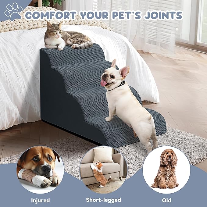 Dog Ramp and Stair for Bed 16" H-20 H,3-Step Cat Stair for Sofa and Chair,4-Step Dog Ramp for High Bed and Window,Durable Nonslip Fabric Cover for Indoor (Dark Grey-20 H, Pet Friendly, 4)-PurrikoPets